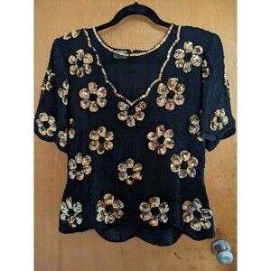 Stenay Vintage Black Gold Floral Sequin Beaded Leaf Sheer V neck Top Medium